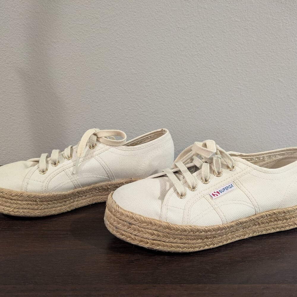 Superga Espadrille Woven Rope Platform White Canvas Shoes Women Size 7.5 - Men 6